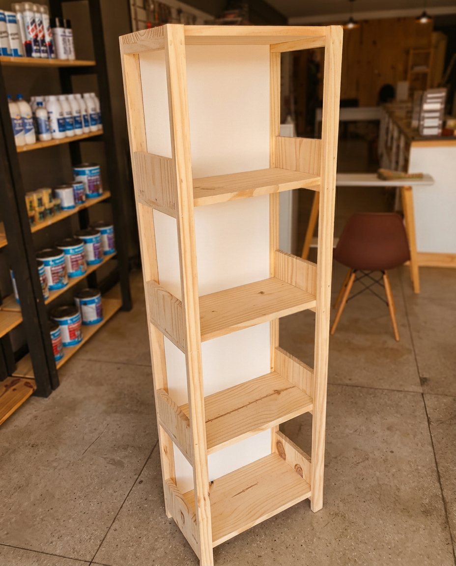 Estante alta de madeira pinus com quatro prateleiras
